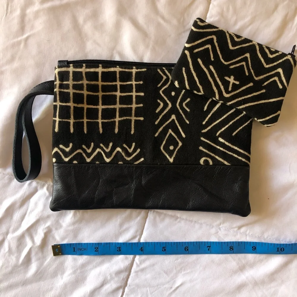 African Mudcloth and Leather Wristlet/Coin purse